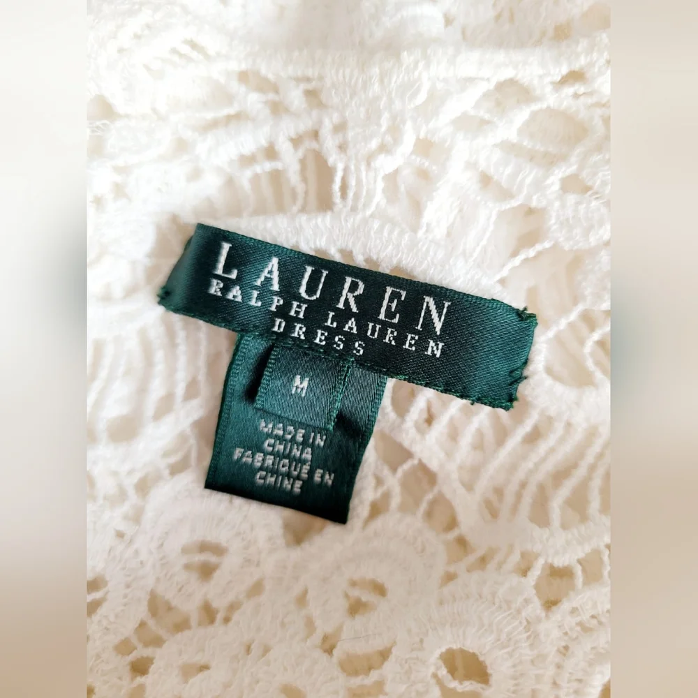 Ralph Lauren 100%Cotton White Crochet Sheath Dress 3/4 Sleeve Crew Neck Lined M - Picture 2 of 16